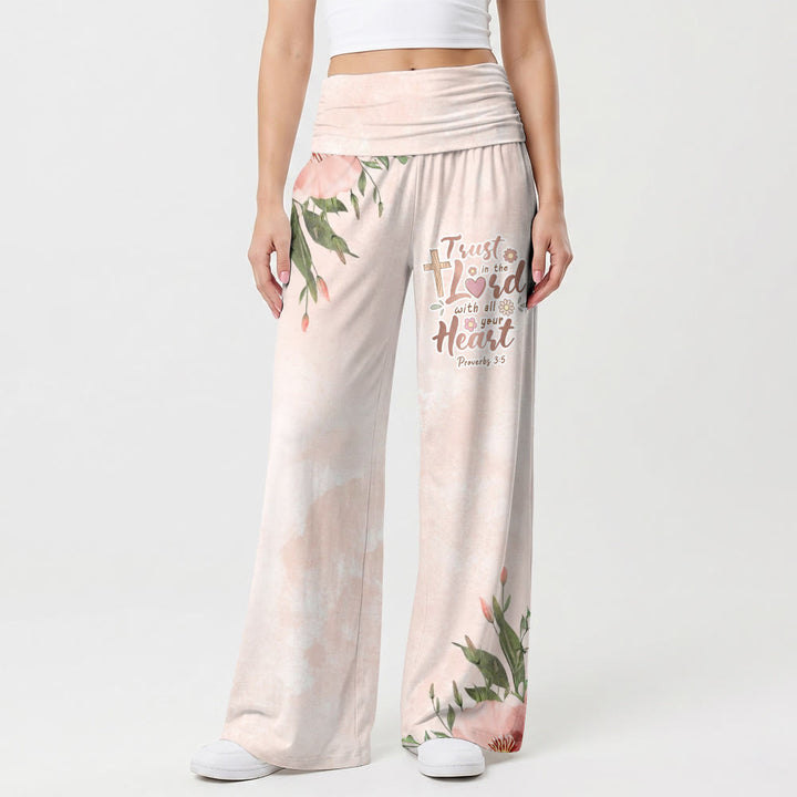 Christianartworkshop Fond dégradé rose poudré délavé, coin pivoine croix, verset Proverbes 3:5, pantalon taille haute à jambes larges - US22, UK/AU26, EU54 (6XL) - image 0