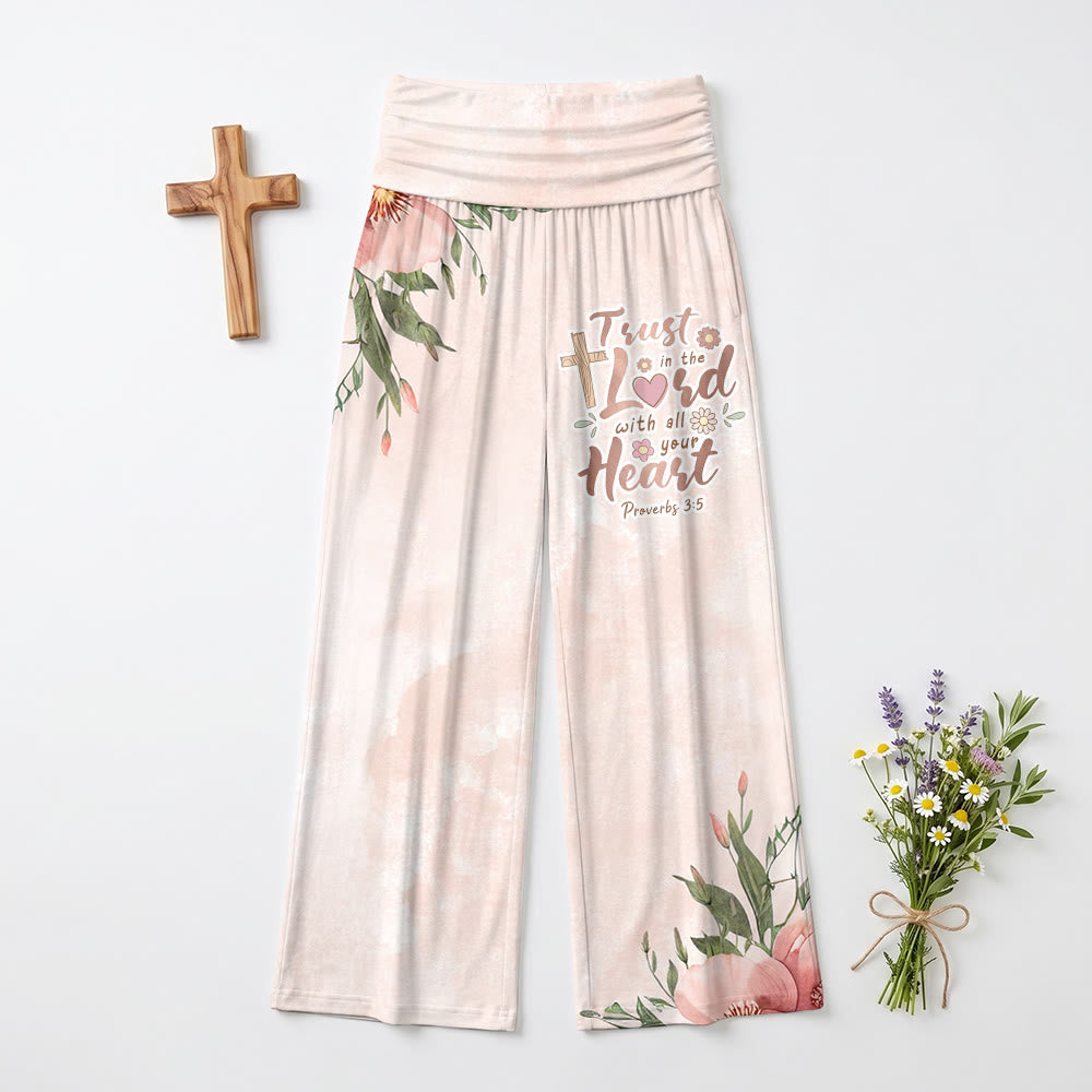 Christianartworkshop Fond dégradé rose poudré délavé, coin pivoine croix, verset Proverbes 3:5, pantalon taille haute à jambes larges - image 2