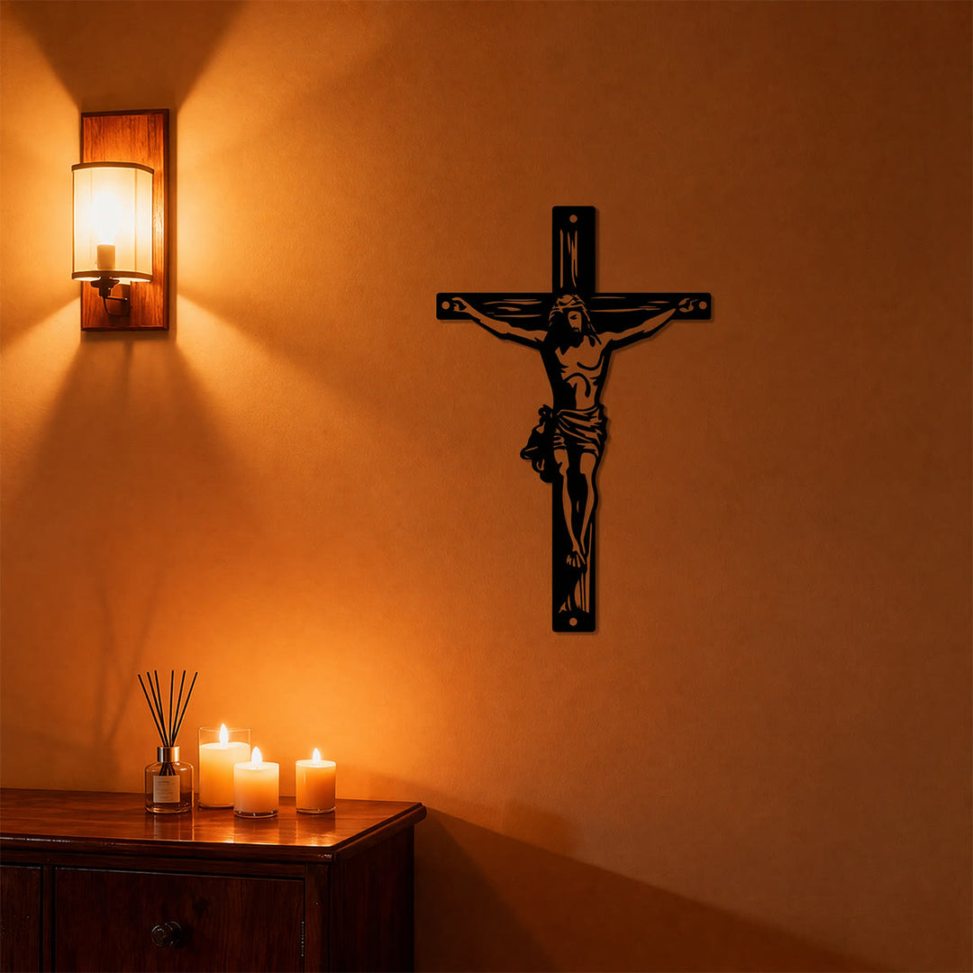 Christianartworkshop Décoration murale en métal représentant la silhouette du crucifix de Jésus : emblème intemporel de la grâce rédemptrice sacrée - image 1