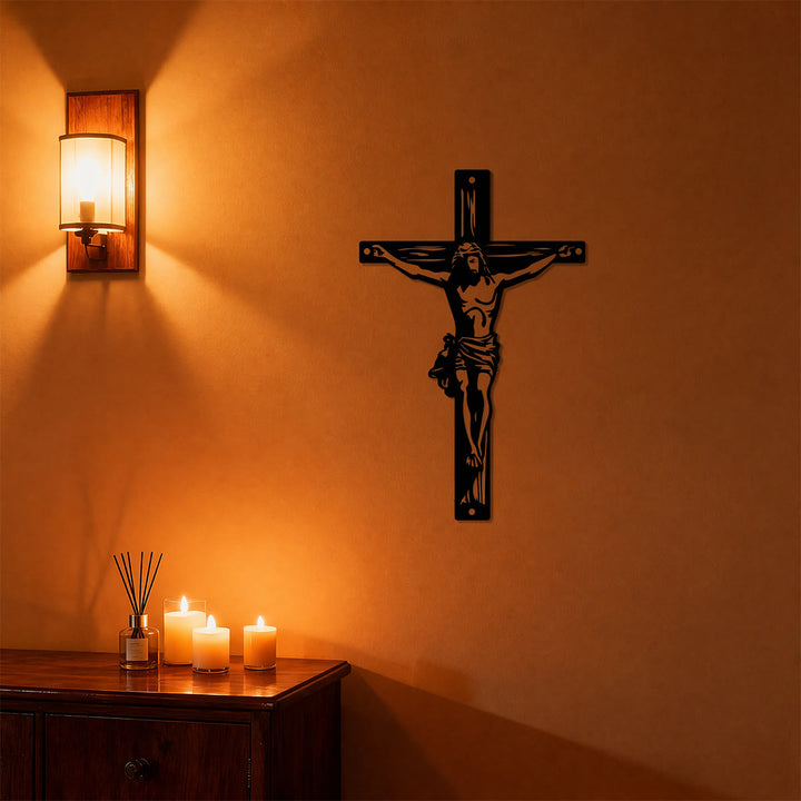 Christianartworkshop Décoration murale en métal représentant la silhouette du crucifix de Jésus : emblème intemporel de la grâce rédemptrice sacrée - image 1
