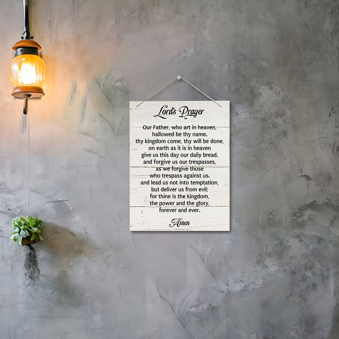 Christianartworkshop Décoration murale en bois blanc vieilli avec le texte intégral du Notre Père : emblème de la prière quotidienne dévote - image 3