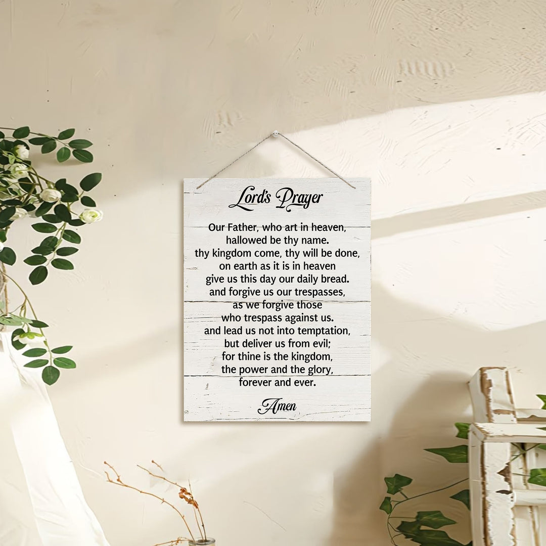 Christianartworkshop Décoration murale en bois blanc vieilli avec le texte intégral du Notre Père : emblème de la prière quotidienne dévote - image 0