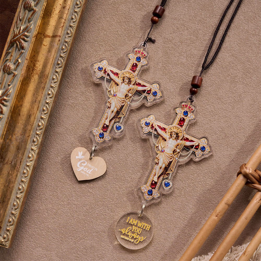 Christianartworkshop crucifix vintage en corde tressée avec inscription biblique, à suspendre dans la voiture : un rappel de la protection divine miséricordieuse lors de chaque voyage. - image 0