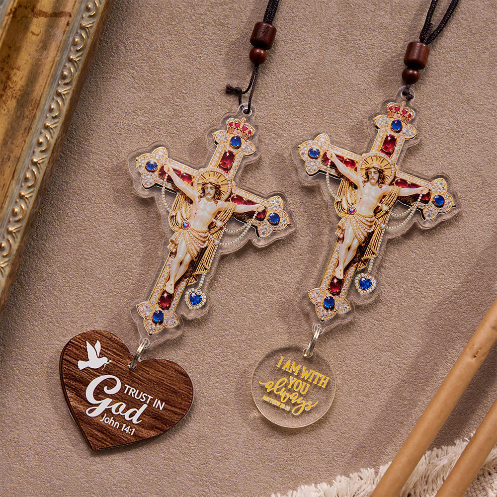 Christianartworkshop crucifix vintage en corde tressée avec inscription biblique, à suspendre dans la voiture : un rappel de la protection divine miséricordieuse lors de chaque voyage. - image 1