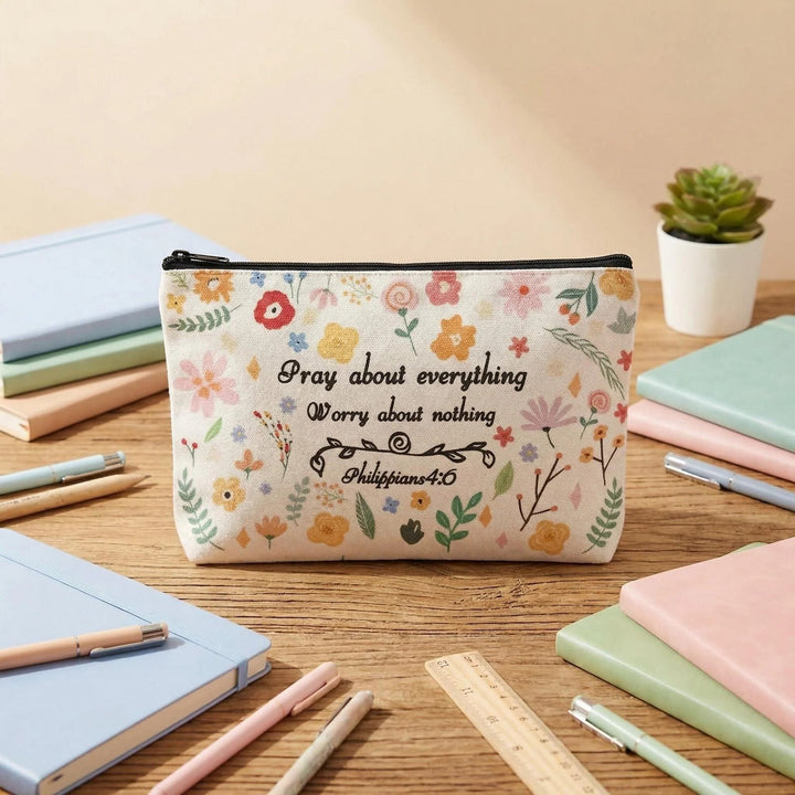 Christianartworkshop Philippiens 4:6 Verset floral Priez pour tout Trousse de voyage cosmétique : Accueillez sa paix au quotidien - Philippiens 4:6 - image 0