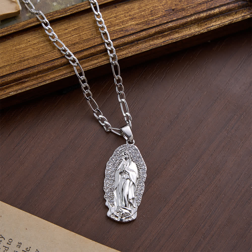 Christianartworkshop Pendentif Vierge de Guadalupe en émail, bordure élégante en forme de soleil, chaîne Figaro épaisse - Argent - image 13