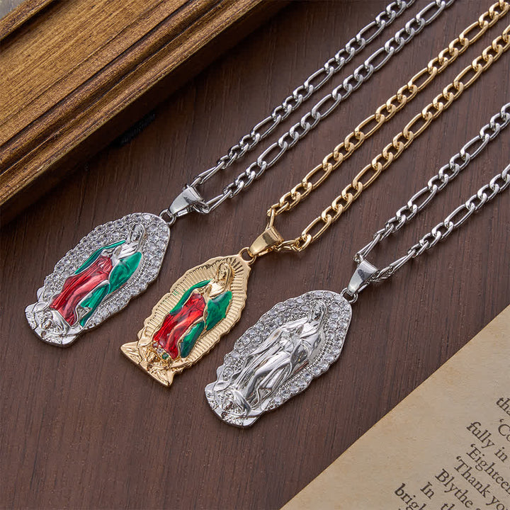 Christianartworkshop Pendentif Vierge de Guadalupe en émail, bordure élégante en forme de soleil, chaîne Figaro épaisse - image 4