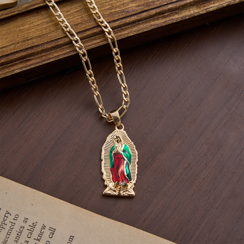 Christianartworkshop Pendentif Vierge de Guadalupe en émail, bordure élégante en forme de soleil, chaîne Figaro épaisse - image 7