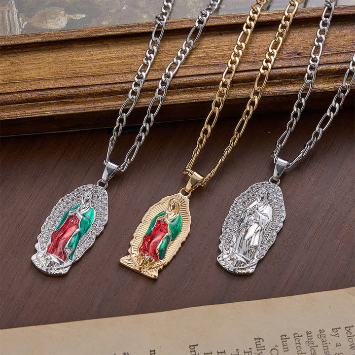 Christianartworkshop Pendentif Vierge de Guadalupe en émail, bordure élégante en forme de soleil, chaîne Figaro épaisse - image 5