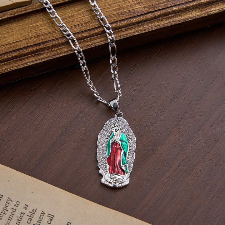 Christianartworkshop Pendentif Vierge de Guadalupe en émail, bordure élégante en forme de soleil, chaîne Figaro épaisse - Argent-rouge - image 14