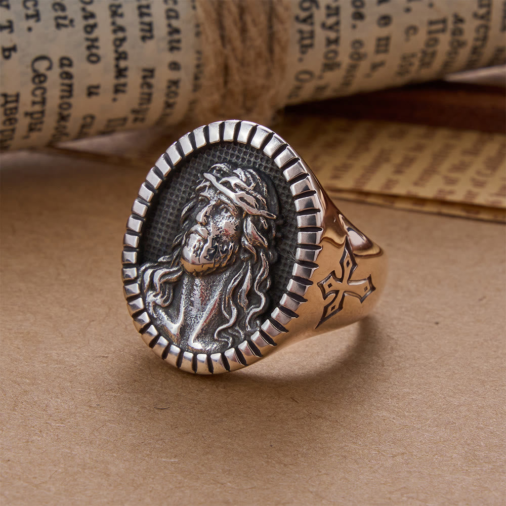 Bague de bénédiction vintage en forme de croix représentant la tête de Jésus, signée Christianartworkshop - US 13 - Argent - image 1