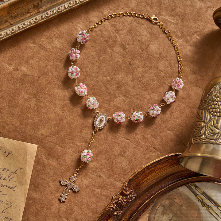 Christianartworkshop Chapelet de voiture en verre et verre orné d'une croix florale en or et de pierres précieuses : symbole de protection céleste en voyage - image 1