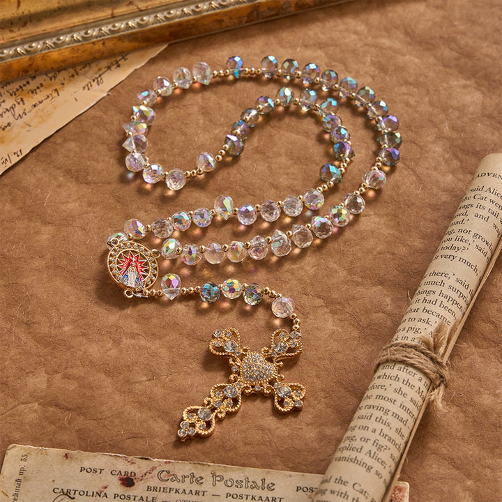 Christianartworkshop Chapelet en verre irisé dégradé en forme de larme, orné d'une croix dorée et de pierres précieuses et d'un médaillon de Notre-Dame d'Aparecida - image 2