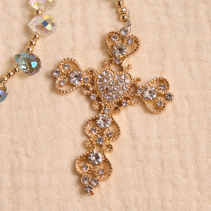 Christianartworkshop Chapelet en verre irisé dégradé en forme de larme, orné d'une croix dorée et de pierres précieuses et d'un médaillon de Notre-Dame d'Aparecida - image 8