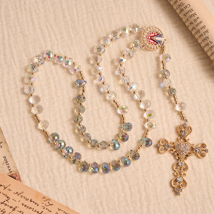 Christianartworkshop Chapelet en verre irisé dégradé en forme de larme, orné d'une croix dorée et de pierres précieuses et d'un médaillon de Notre-Dame d'Aparecida - image 3