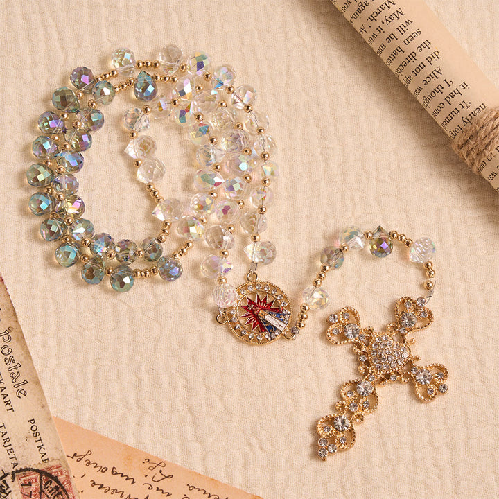 Christianartworkshop Chapelet en verre irisé dégradé en forme de larme, orné d'une croix dorée et de pierres précieuses et d'un médaillon de Notre-Dame d'Aparecida - Chapelet en verre en forme de larme - image 0
