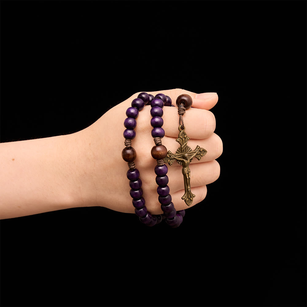 Christianartworkshop Chapelet en bois violet avec crucifix en bronze et médaillon de la Sainte Famille en relief - image 1