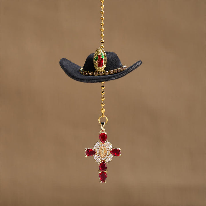 Christianartworkshop Mini chapeau de cowboy Croix en cristal Notre-Dame Ornement de voiture à suspendre : Un rappel de la protection divine miséricordieuse lors de chaque voyage - Noir - image 12