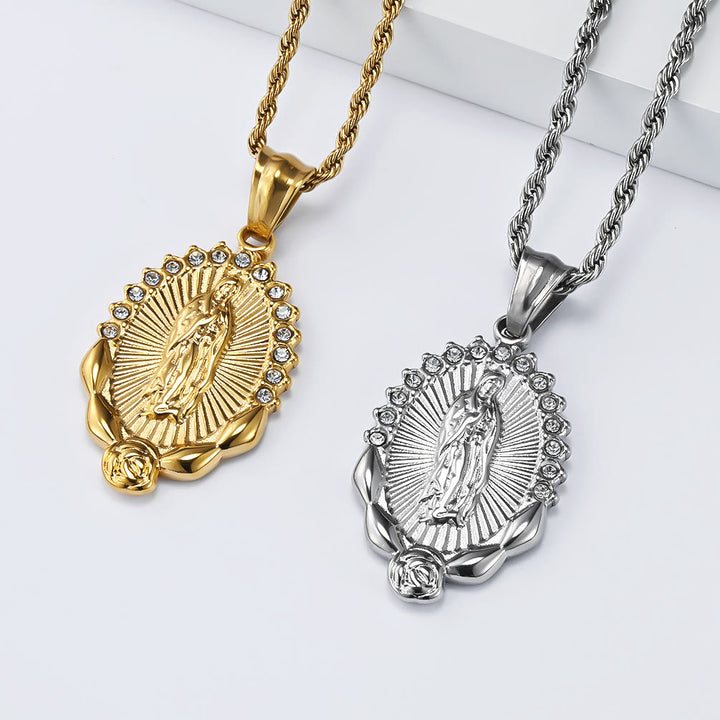 Christianartworkshop Collier en zircon lumineux Notre-Dame Rose Corde : Symbole de la bienveillance divine - image 0