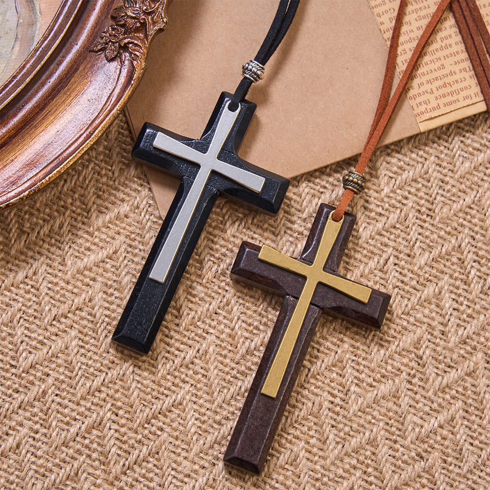 Christianartworkshop Collier minimaliste en bois massif et cordon en daim avec croix incrustée de métal : emblème d'un refuge céleste inébranlable - image 1