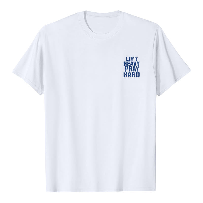 Christianartworkshop T-shirt classique à imprimé lettres vieillies « Heavy Pray Hard » imprimé sur les deux faces - image 5