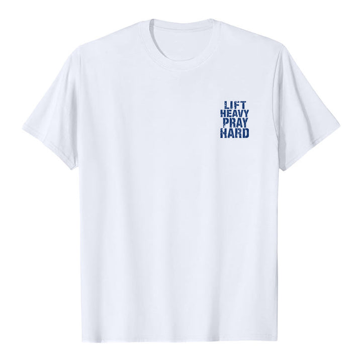 Christianartworkshop T-shirt classique à imprimé lettres vieillies « Heavy Pray Hard » imprimé sur les deux faces - image 5