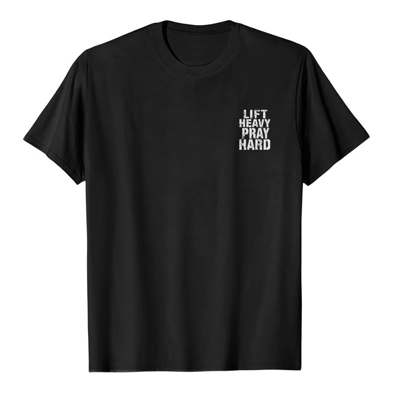 Christianartworkshop T-shirt classique à imprimé lettres vieillies « Heavy Pray Hard » imprimé sur les deux faces - image 17