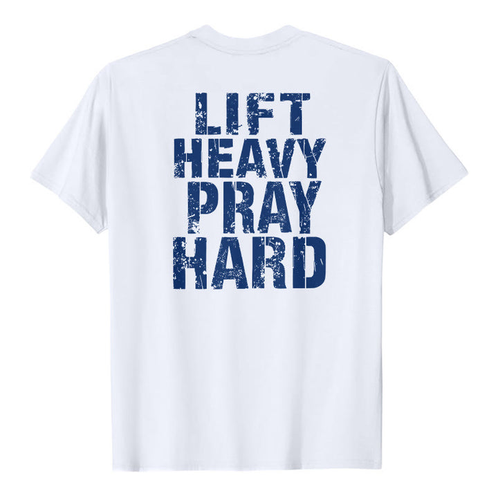Christianartworkshop T-shirt classique à imprimé lettres vieillies « Heavy Pray Hard » imprimé sur les deux faces - Blanc - 2XL - image 3
