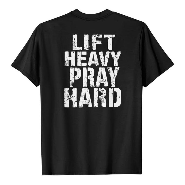 Christianartworkshop T-shirt classique à imprimé lettres vieillies « Heavy Pray Hard » imprimé sur les deux faces - Noir - 2XL - image 15
