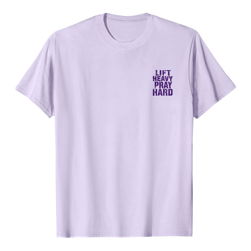 Christianartworkshop T-shirt classique à imprimé lettres vieillies « Heavy Pray Hard » imprimé sur les deux faces - image 23