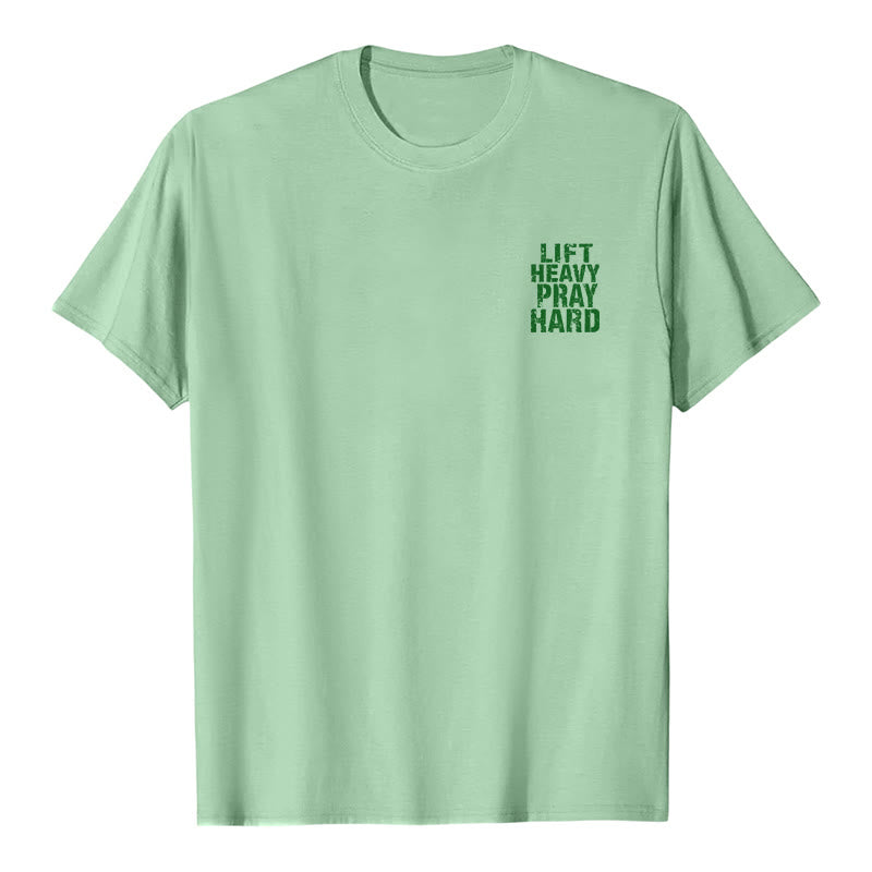Christianartworkshop T-shirt classique à imprimé lettres vieillies « Heavy Pray Hard » imprimé sur les deux faces - image 26