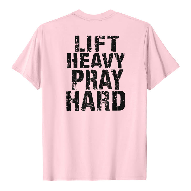 Christianartworkshop T-shirt classique à imprimé lettres vieillies « Heavy Pray Hard » imprimé sur les deux faces - Rose - 2XL - image 0