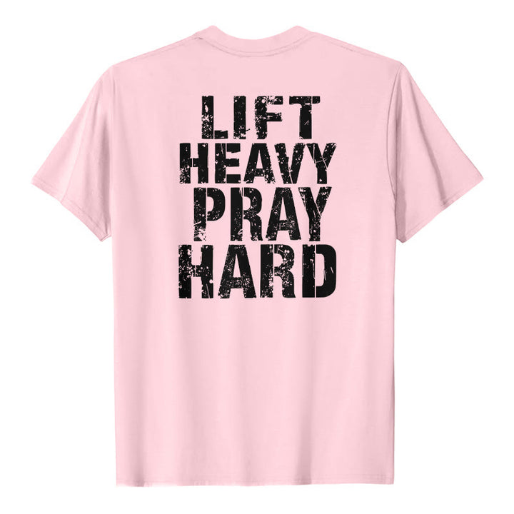 Christianartworkshop T-shirt classique à imprimé lettres vieillies « Heavy Pray Hard » imprimé sur les deux faces - Rose - 2XL - image 0