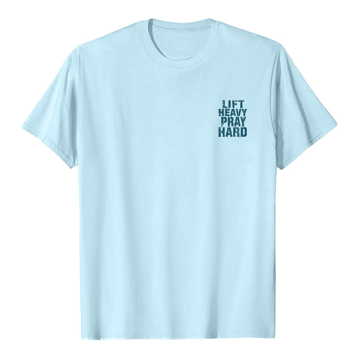 Christianartworkshop T-shirt classique à imprimé lettres vieillies « Heavy Pray Hard » imprimé sur les deux faces - image 20