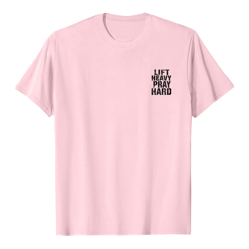 Christianartworkshop T-shirt classique à imprimé lettres vieillies « Heavy Pray Hard » imprimé sur les deux faces - image 2