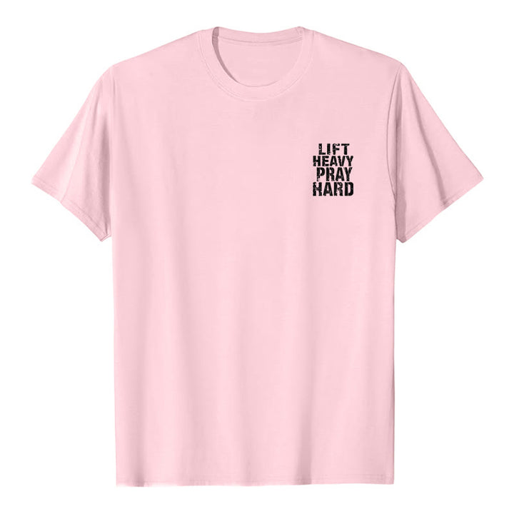 Christianartworkshop T-shirt classique à imprimé lettres vieillies « Heavy Pray Hard » imprimé sur les deux faces - image 2