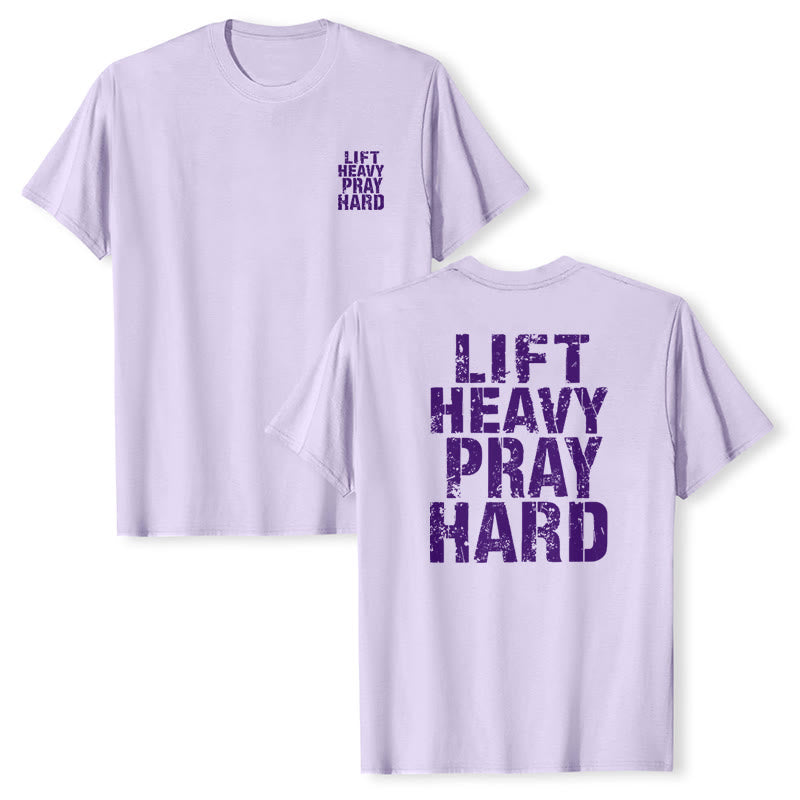 Christianartworkshop T-shirt classique à imprimé lettres vieillies « Heavy Pray Hard » imprimé sur les deux faces - image 22