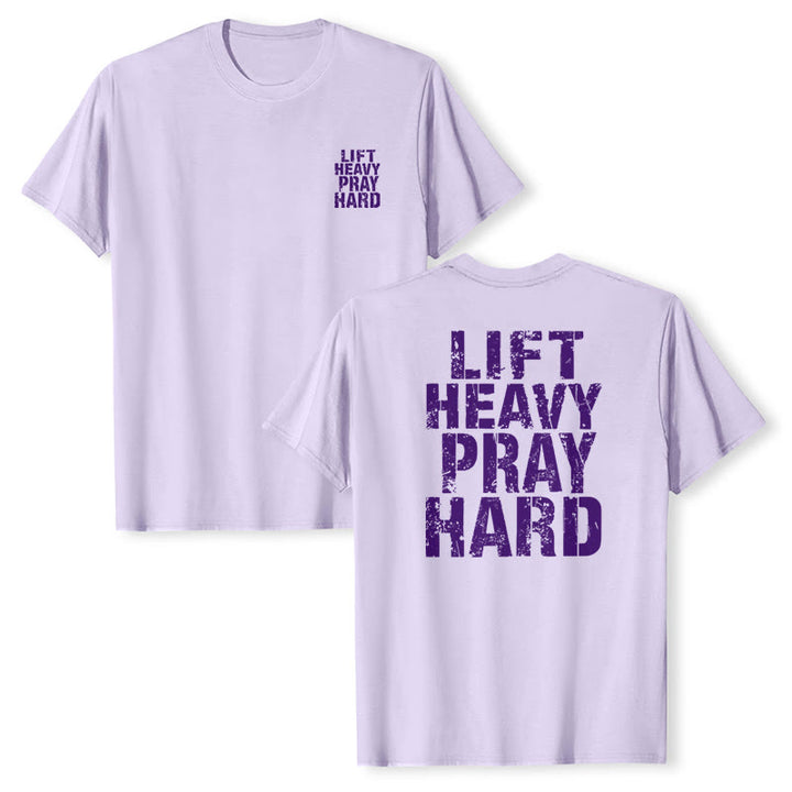 Christianartworkshop T-shirt classique à imprimé lettres vieillies « Heavy Pray Hard » imprimé sur les deux faces - image 22