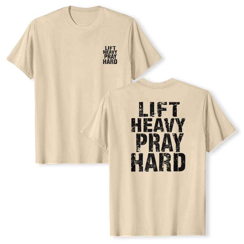 Christianartworkshop T-shirt classique à imprimé lettres vieillies « Heavy Pray Hard » imprimé sur les deux faces - image 7