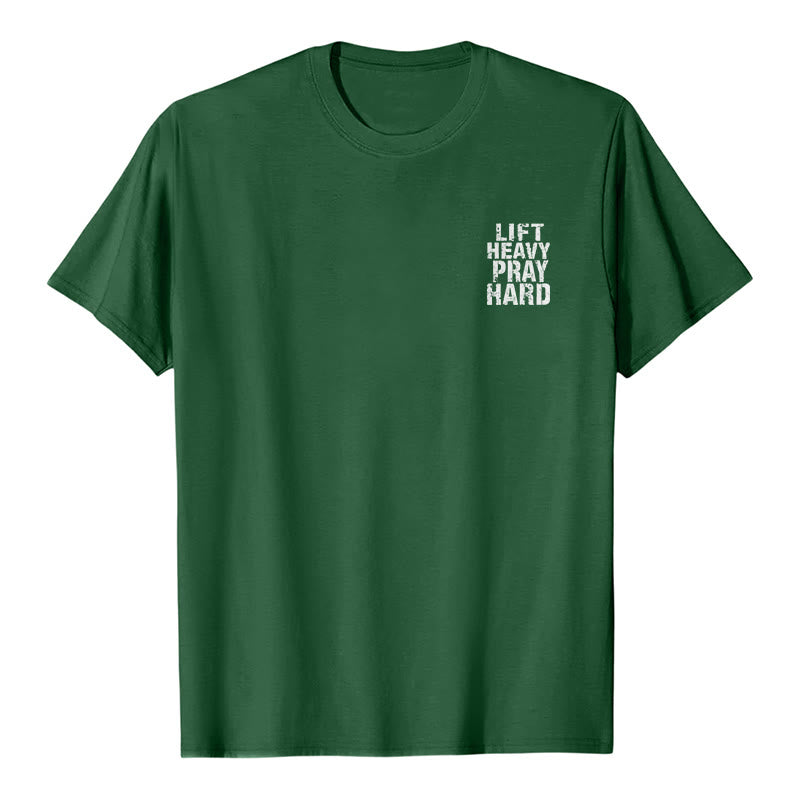 Christianartworkshop T-shirt classique à imprimé lettres vieillies « Heavy Pray Hard » imprimé sur les deux faces - image 14