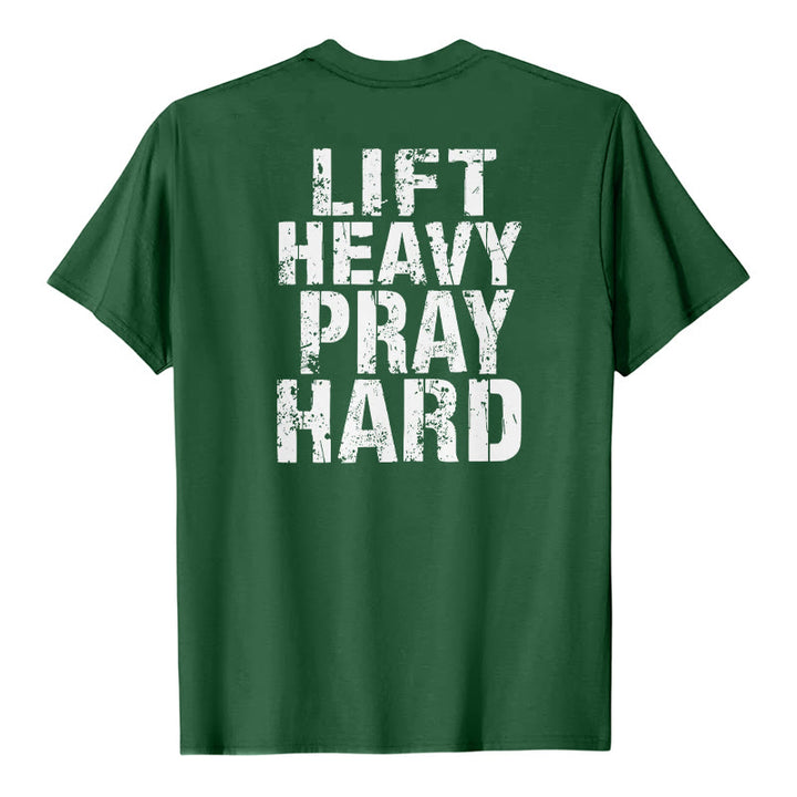 Christianartworkshop T-shirt classique à imprimé lettres vieillies « Heavy Pray Hard » imprimé sur les deux faces - Vert foncé - 2XL - image 12