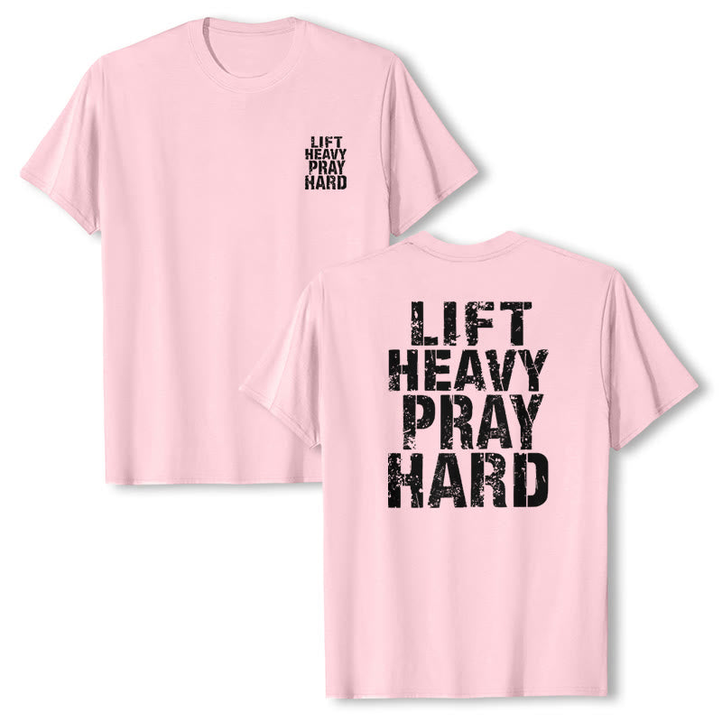Christianartworkshop T-shirt classique à imprimé lettres vieillies « Heavy Pray Hard » imprimé sur les deux faces - image 1