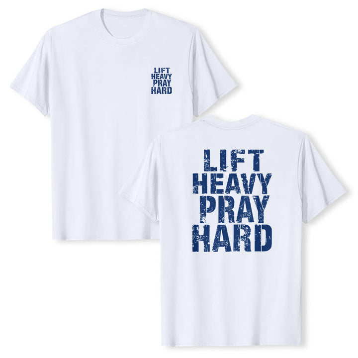 Christianartworkshop T-shirt classique à imprimé lettres vieillies « Heavy Pray Hard » imprimé sur les deux faces - image 4