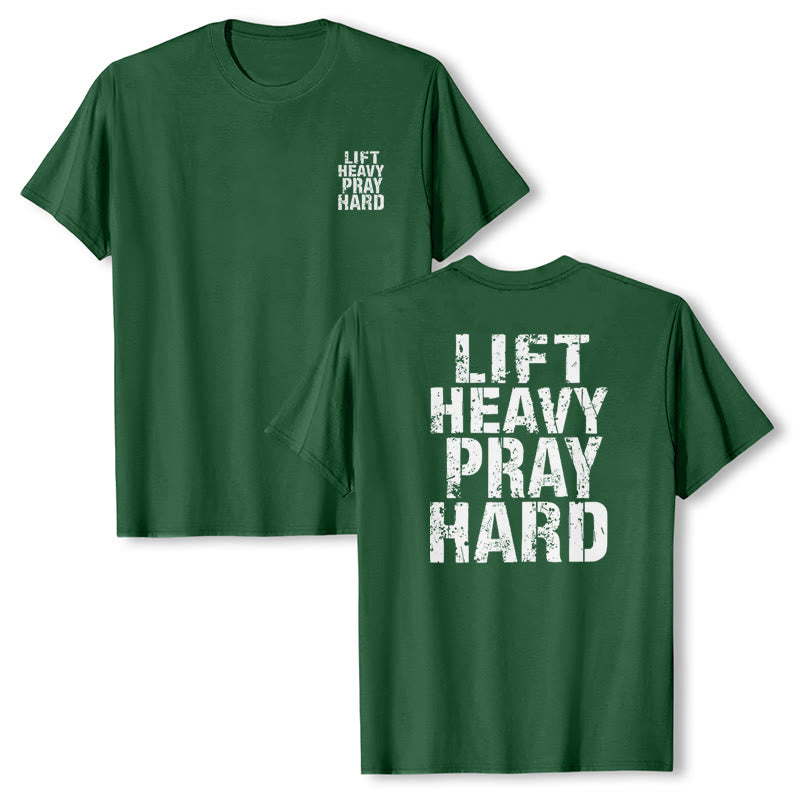 Christianartworkshop T-shirt classique à imprimé lettres vieillies « Heavy Pray Hard » imprimé sur les deux faces - image 13