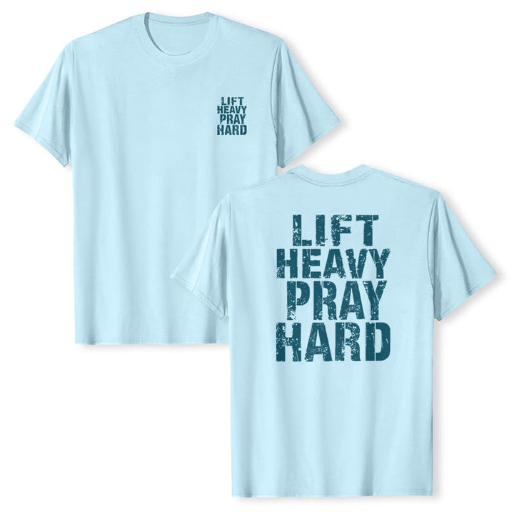 Christianartworkshop T-shirt classique à imprimé lettres vieillies « Heavy Pray Hard » imprimé sur les deux faces - image 19