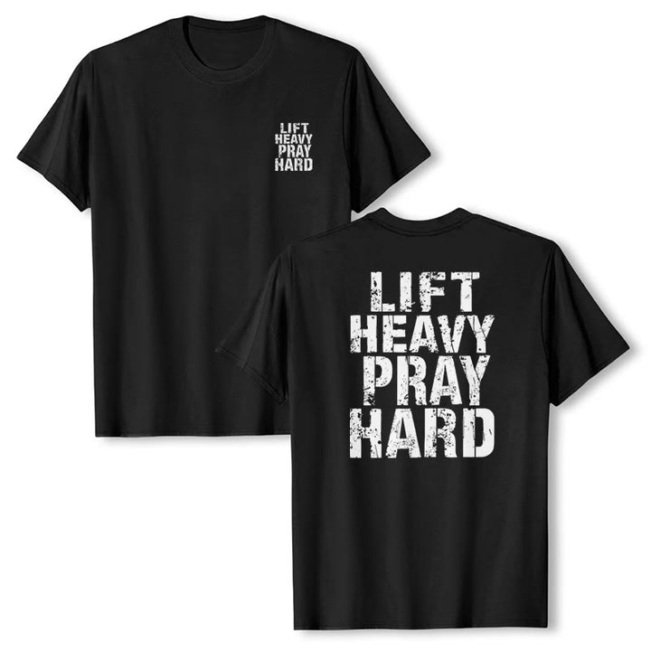Christianartworkshop T-shirt classique à imprimé lettres vieillies « Heavy Pray Hard » imprimé sur les deux faces - image 16