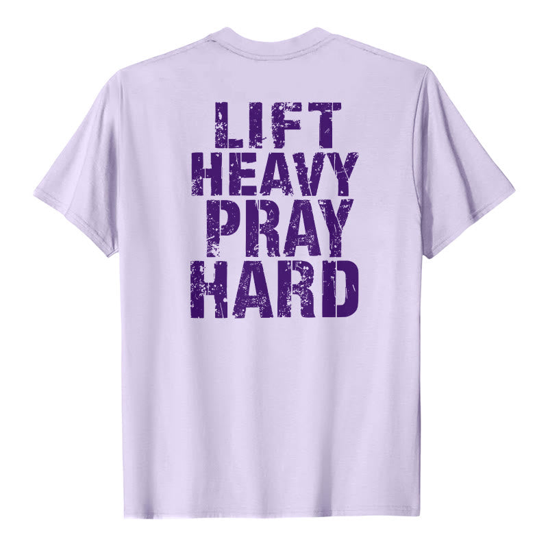 Christianartworkshop T-shirt classique à imprimé lettres vieillies « Heavy Pray Hard » imprimé sur les deux faces - Violet - 2XL - image 21