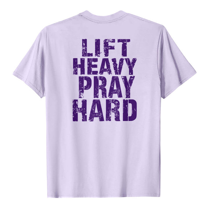 Christianartworkshop T-shirt classique à imprimé lettres vieillies « Heavy Pray Hard » imprimé sur les deux faces - Violet - 2XL - image 21