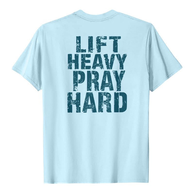 Christianartworkshop T-shirt classique à imprimé lettres vieillies « Heavy Pray Hard » imprimé sur les deux faces - Bleu - 2XL - image 18