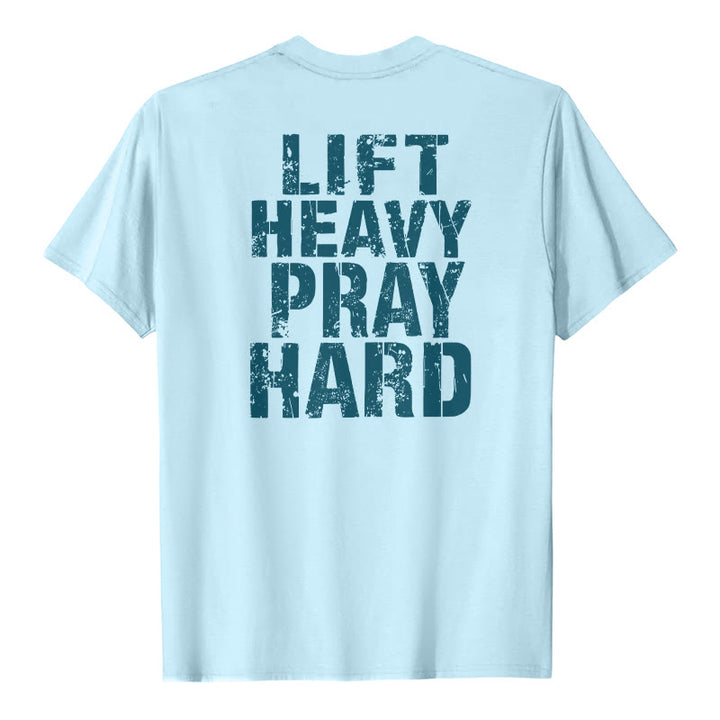 Christianartworkshop T-shirt classique à imprimé lettres vieillies « Heavy Pray Hard » imprimé sur les deux faces - Bleu - 2XL - image 18